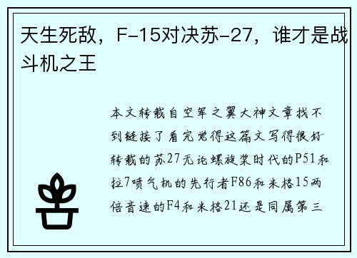 天生死敌，F-15对决苏-27，谁才是战斗机之王